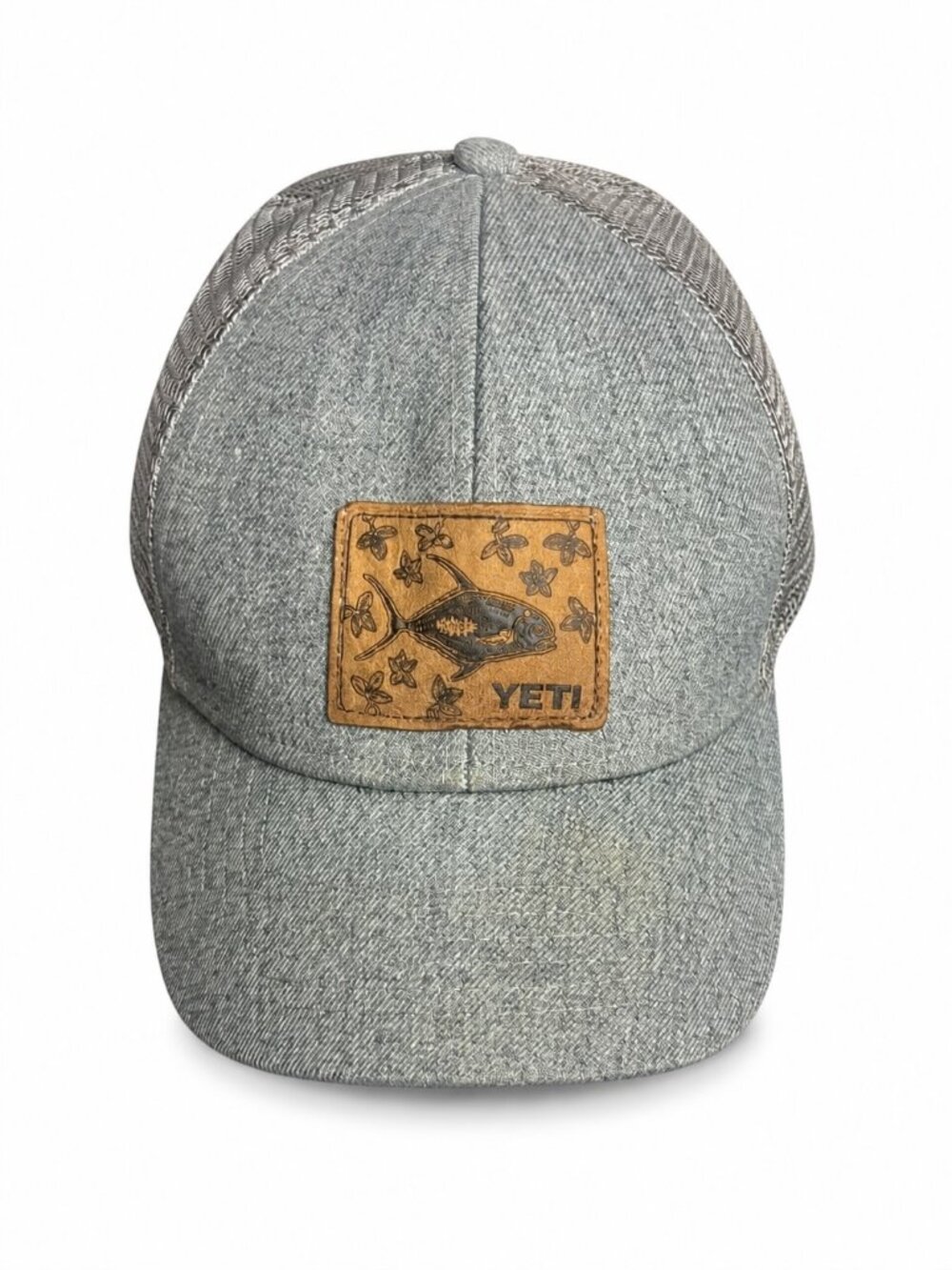 YETI Permit in Mangroves Patch Trucker Hat Grey Snapback Fish Debossed Leather